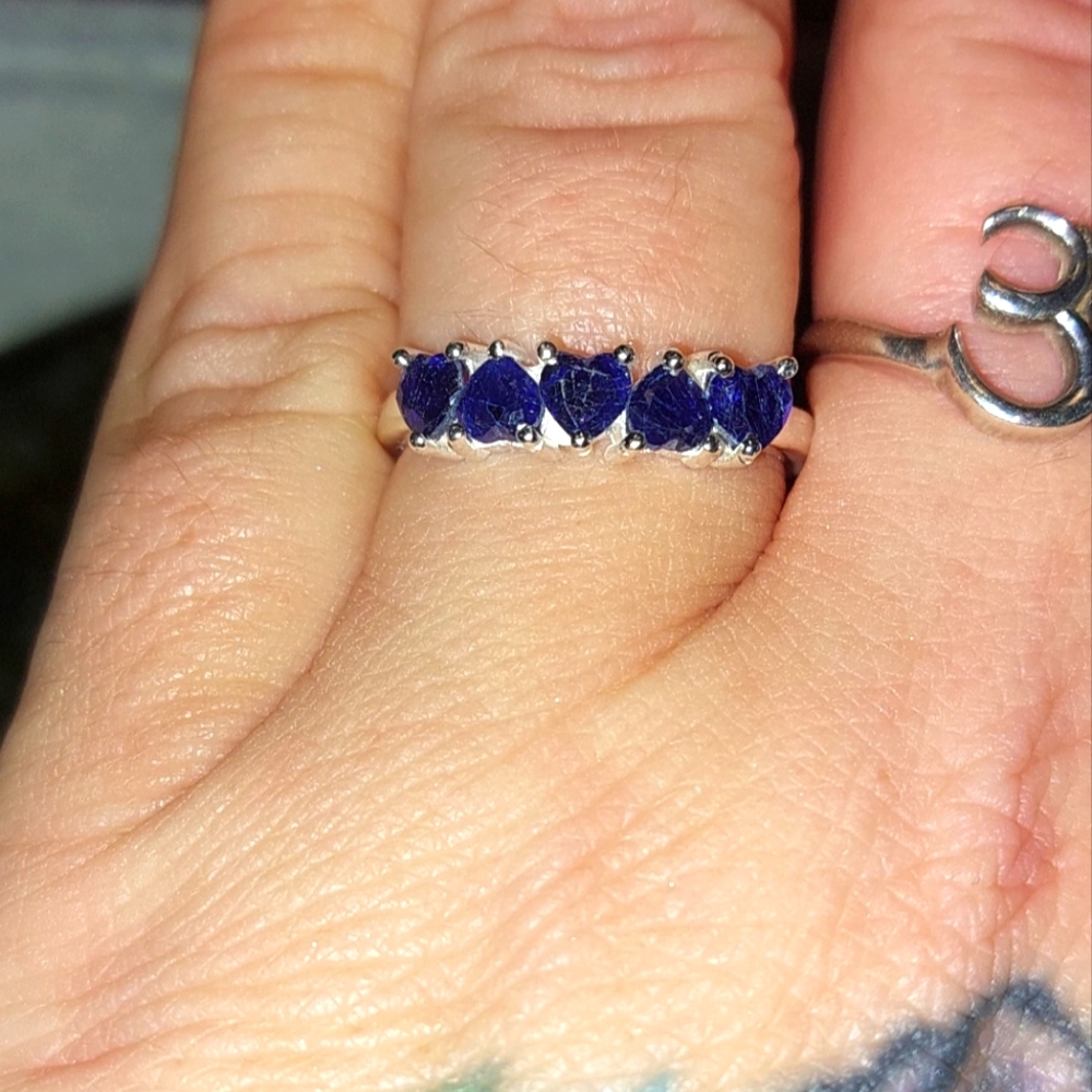 Dainty Heart Shaped Sapphire Multi Stone Ring Sterling Silver